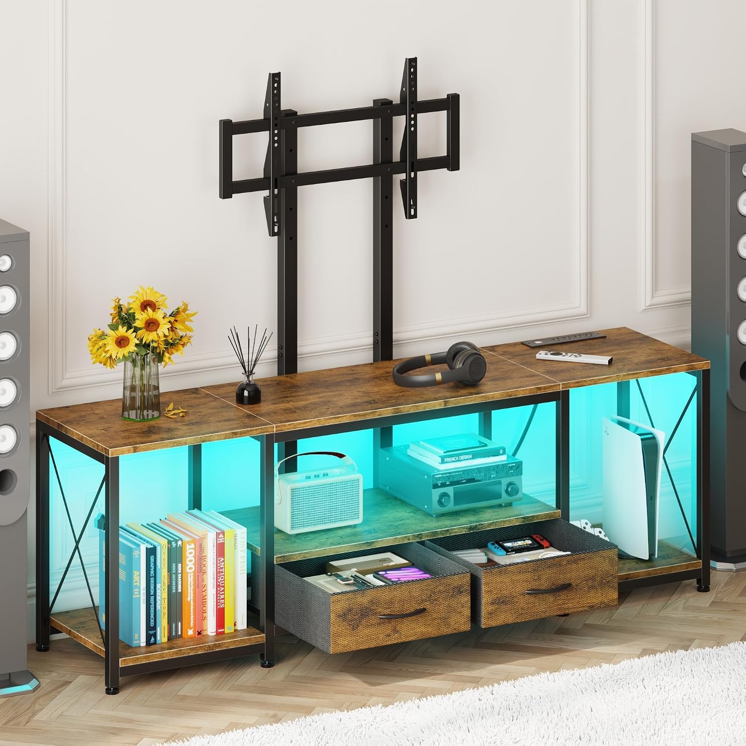 GYIIYUO LED TV Stand with Mount and Power Outlet & Fabric Drawers for 32-85 Inches TV - Entertainment Center and Corner Tv Stand for Living Room, Bedroom- 47" Rustic Brown (Max VESA 600mm × 400mm | with Mount