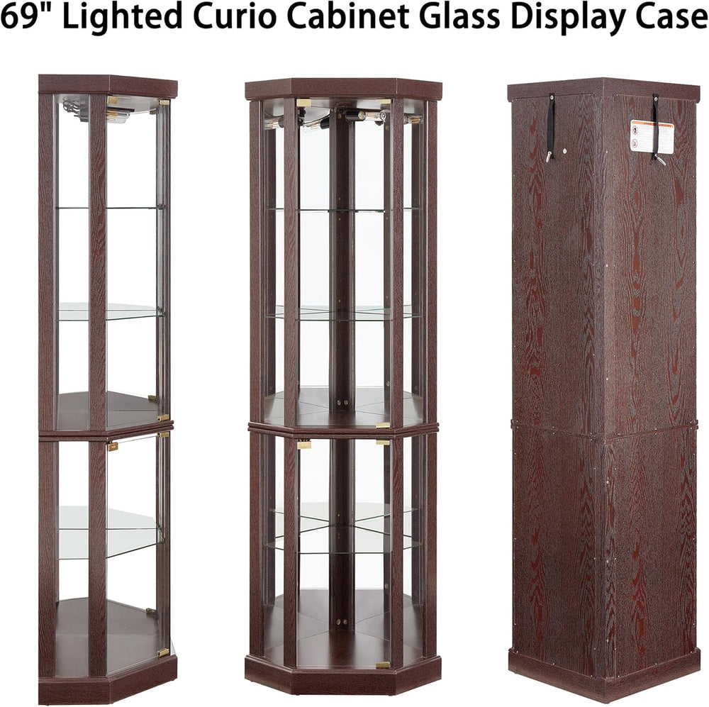 69" H Lighted Corner Display Cabinet, Curio Corner Glass Cabinet w/Adjus...