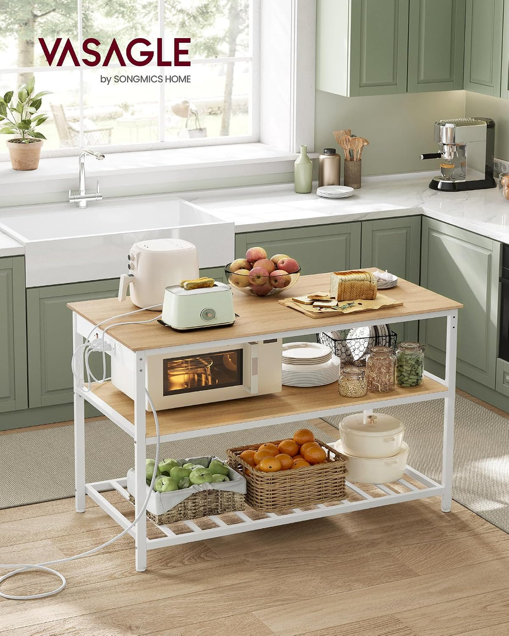 VASAGLE Kitchen Island with 3 Shelves, Storage Cabinet, Steel Structure | Kit...