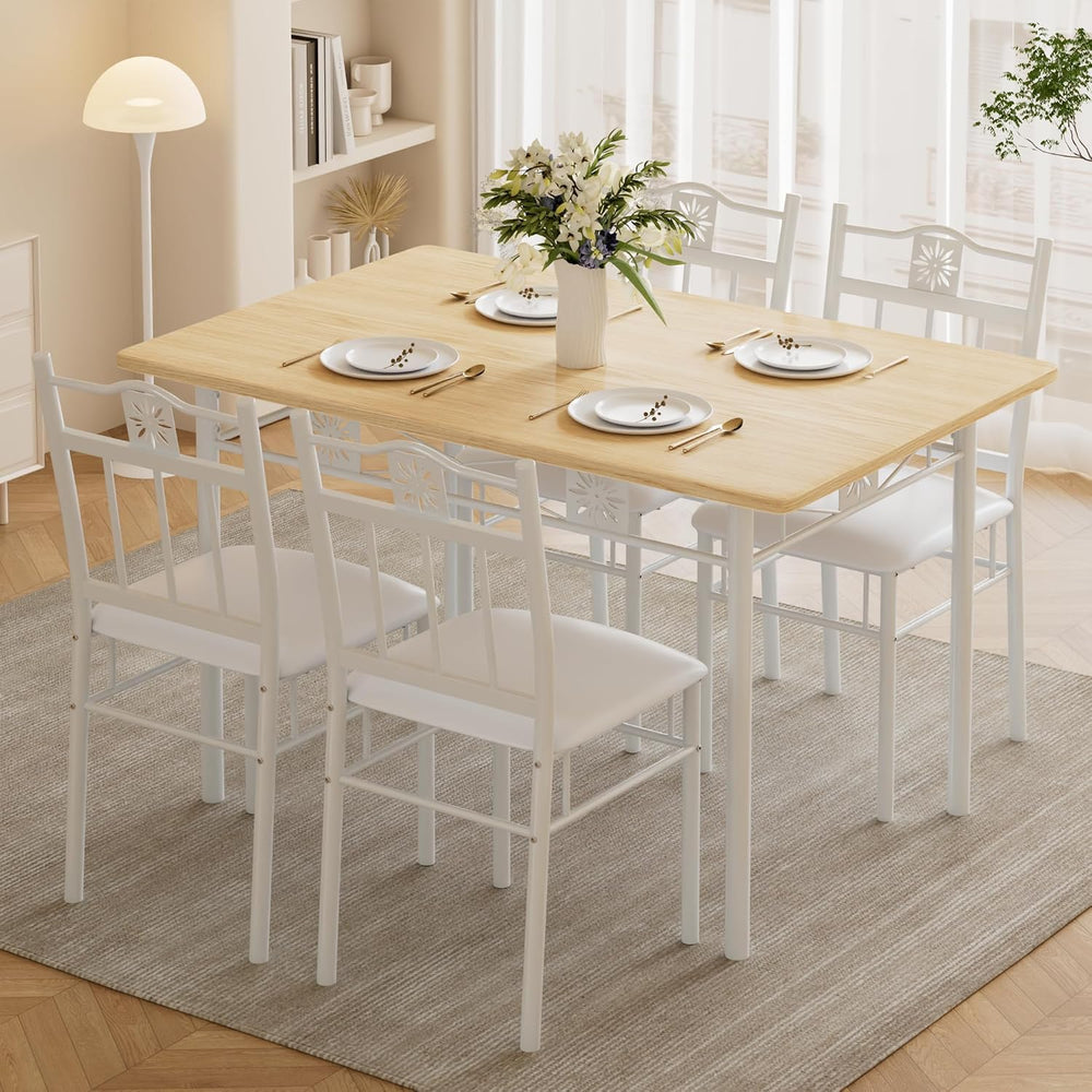 VECELO Dining Table Set for 4, 5-Piece Wood Kitchen Table with Upholstered Pa...
