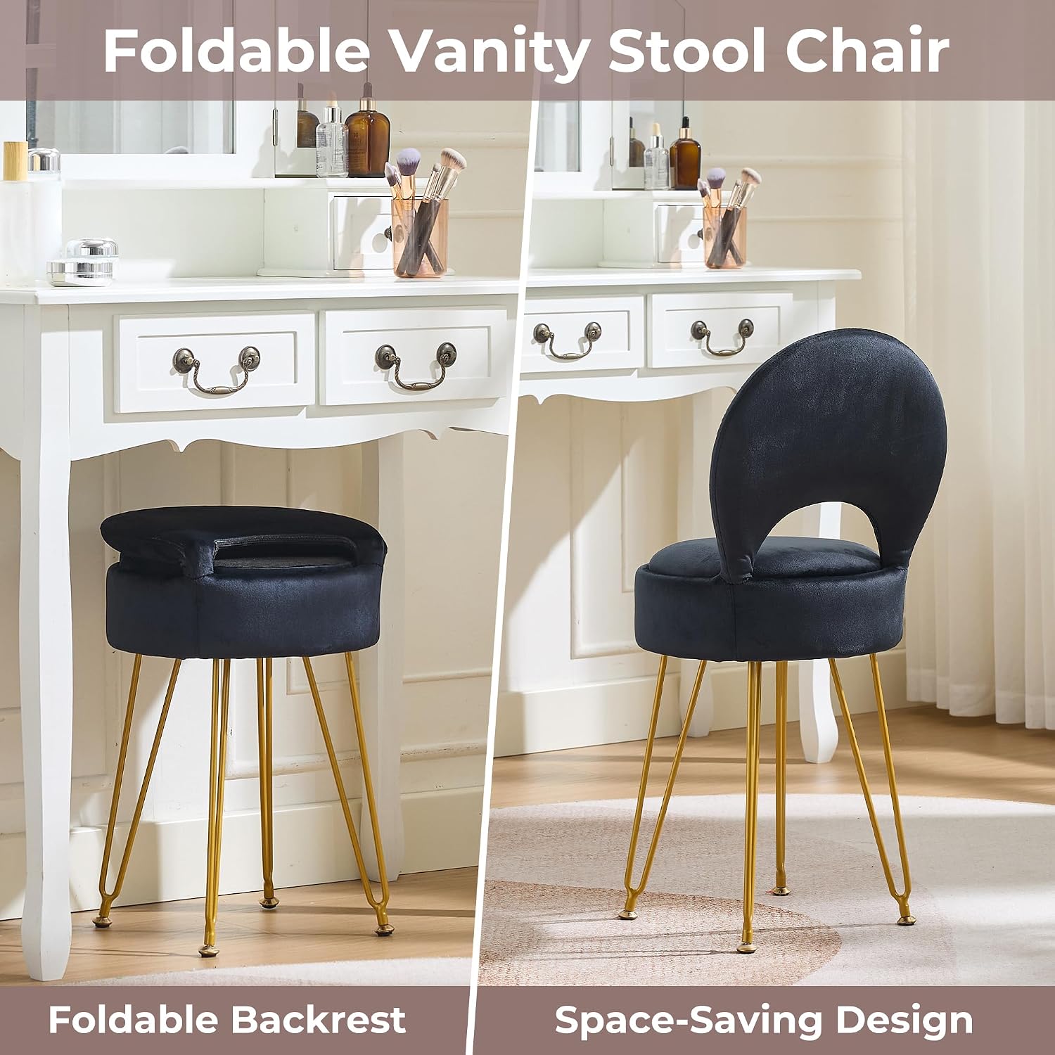Velvet Black Small Vanity Chair & Stool - 13" Dx13 W Folding Back Storage Ottoman, Anti-Slip Golden V-Leg for Bedroom Makeup Room