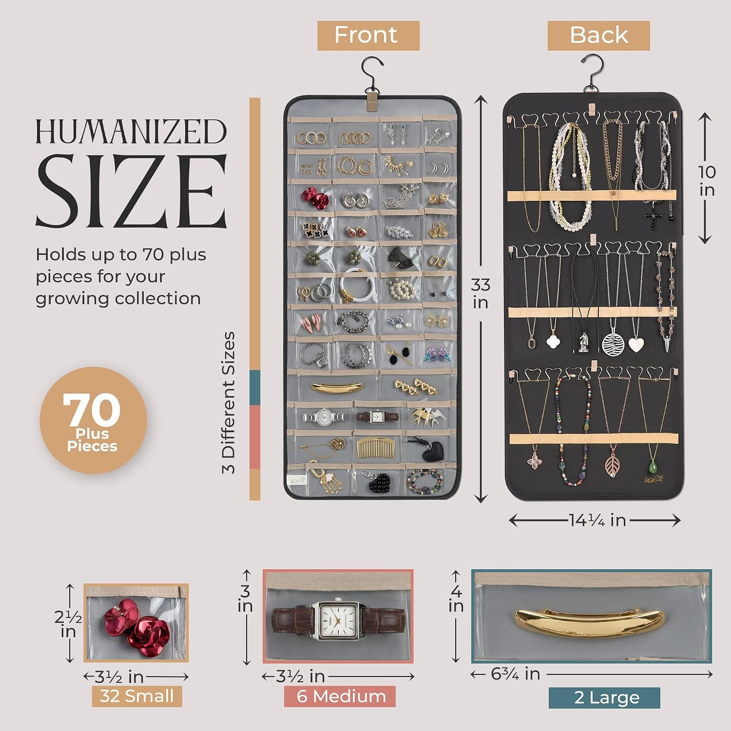 Hanging Jewelry Organizer Storage with Hanger Metal Hooks Double-Sided Jewelry Holder- Wall Mount Holder for Earrings, Necklaces, Rings on Closet, Wall, Door, 1 piece, Large, Black