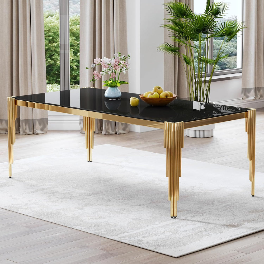 80" Large Glass Dining Table, Modern Rectangle Kitchen Table with Gold S...