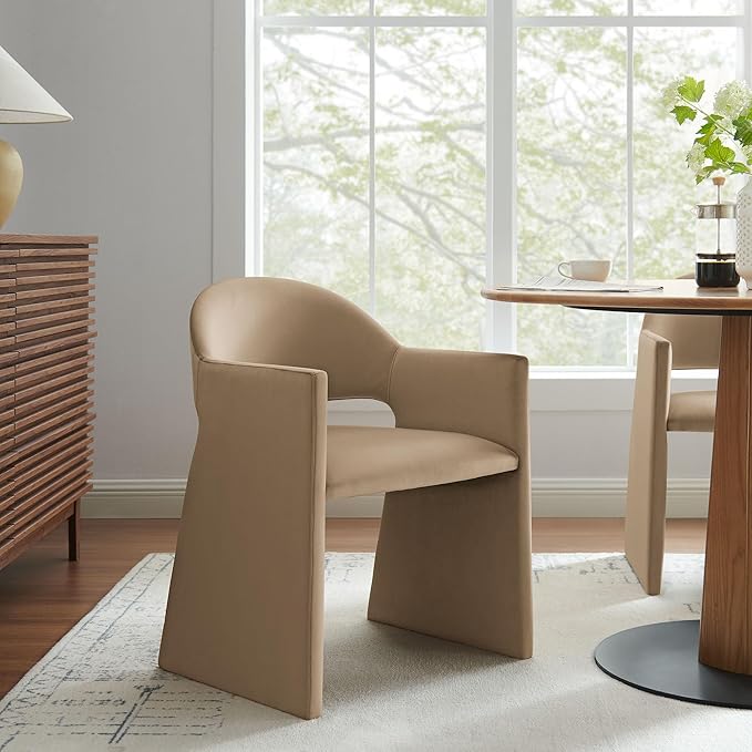Modway Talia Performance Velvet Dining Armchair in Taupe - Modern Curved Dining Chair with Open-Back - Stain-Resistant Velvet Barrel Chair - Living Room Accent Chair with Arms