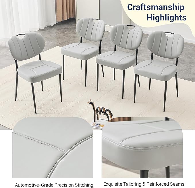 Modern Dining Chairs Set of 4, Grey Leather Dining Chairs for Dining Room and Kitchen, Dinning Chair with Oval Curved Backrest, Precision Stitching, Top Handle, 3.54" Thick Cushion Seat, Metal Legs