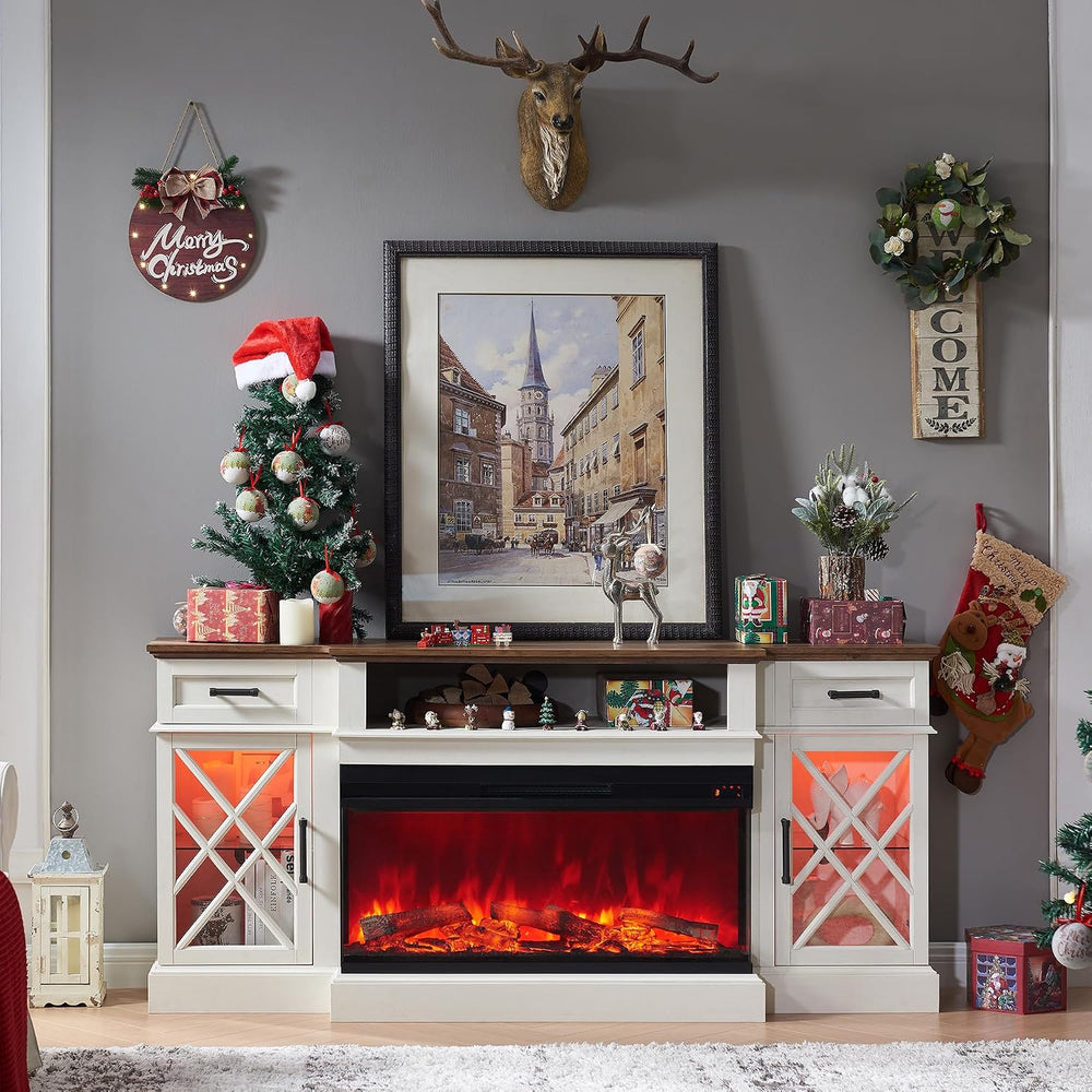 OKD Farmhouse TV Stand with Fireplace, 70'' Entertainment Center Stan...
