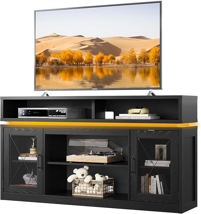 WLIVE Farmhouse TV Stand for TVs Up to 65 Inches, Tall Entertainment Center with Storage Cabinets & LED Lights, Media Console for Living Room, Bedroom, Home Theater, Black