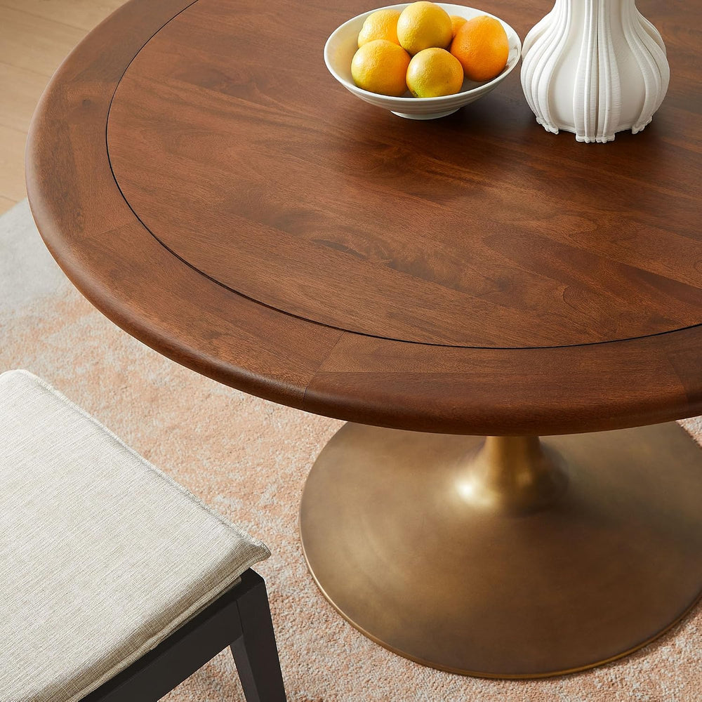 Modway Lippa 48 Inch Round Wood Dining Table with Metal Pedestal in Brass Wal...
