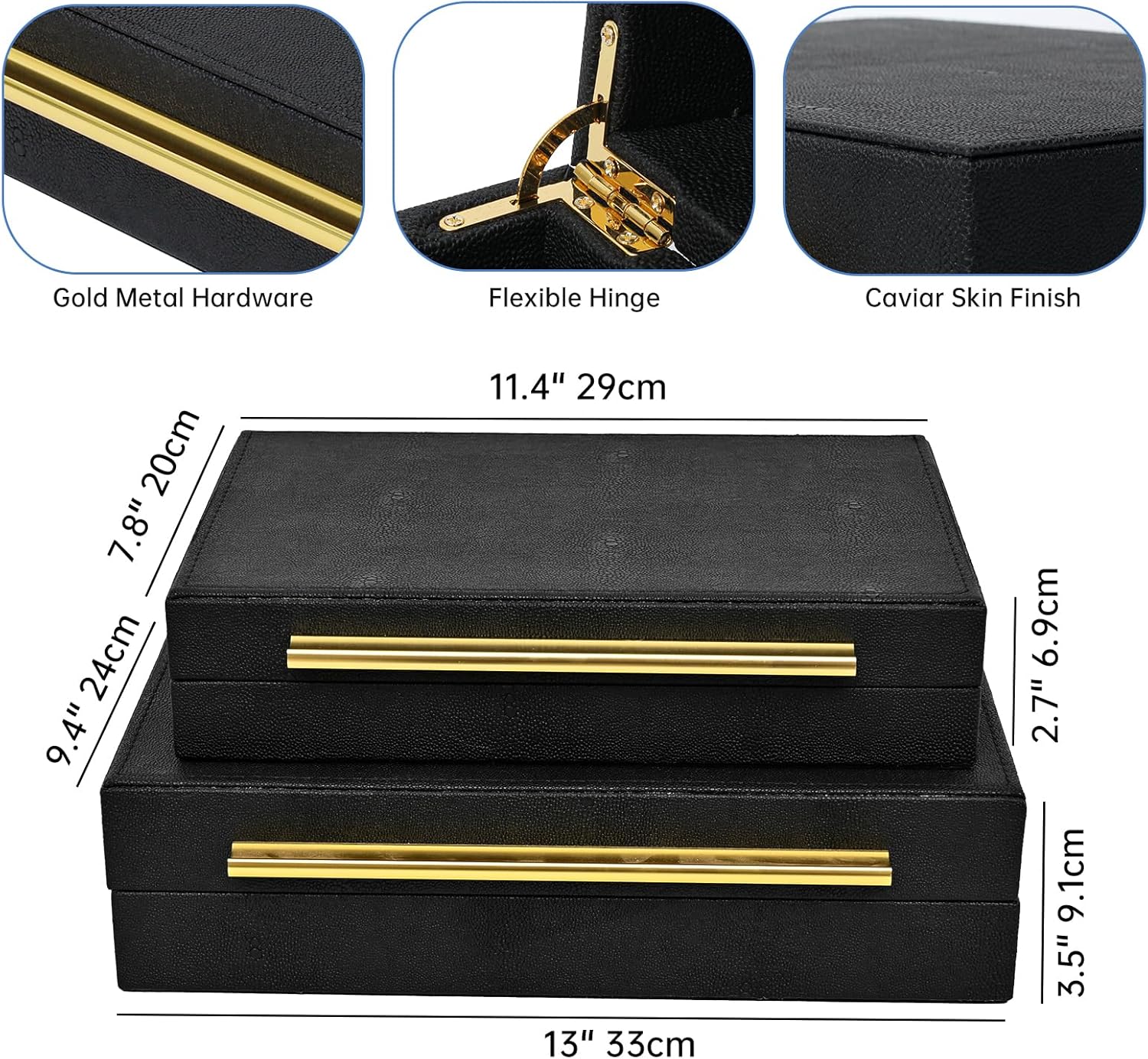 Faux Shagreen Leather Jewelry Boxes Set of 2 with Gold Handles, Decorative Organizer Storage Box for Rings, Earrings, Watches, Dresser, Vanity, Stackable, Black