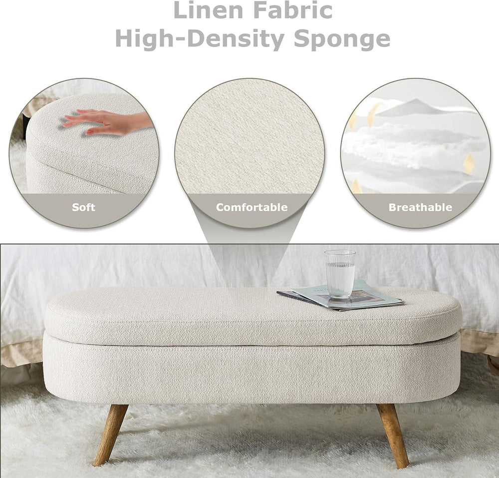 SoarFlash Ottoman Oval Storage Bench Linen Fabric Rubber Wood Legs（Beige）