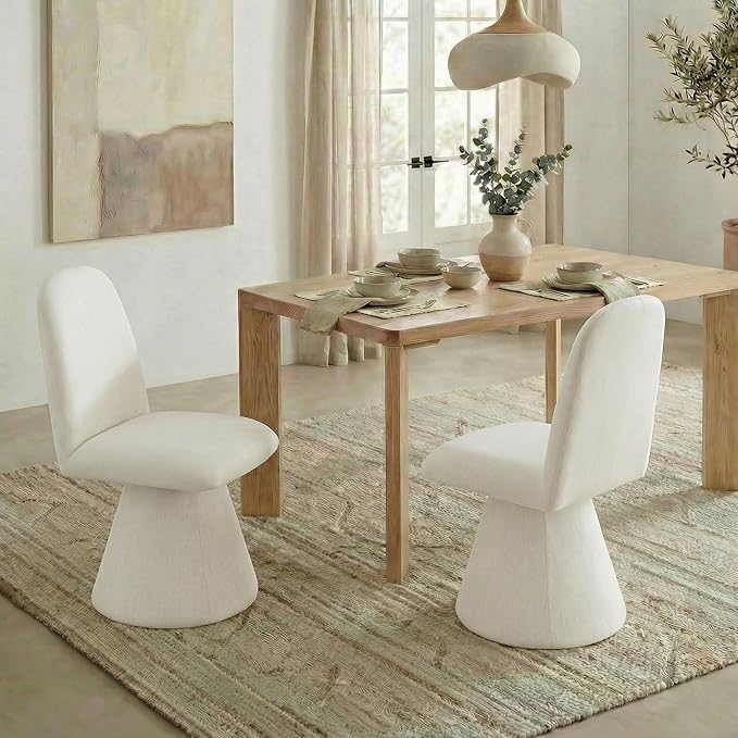 Swivel Dining Chairs Set of 2, Modern Upholstered Dining Chair Mid Century Kitchen Chairs with Wave Shaped High Back, 360 Degree Rotating Vanity Chair for Dining Room, Bedroom, Farmhouse, Beige