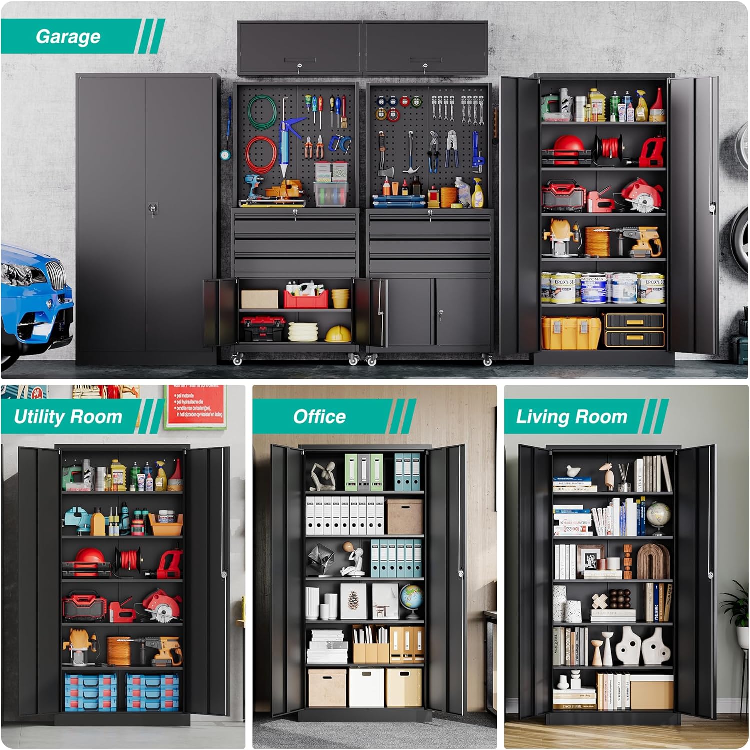 SISESOL Wide & Deep Metal Storage Cabinet with Lock & 5 Adjustable Shelves,72" Black Garage Storage Cabinet with Locking Doors,Lockable Cabinets for Home,Office,Garage,Shop,Basement 72x36x18