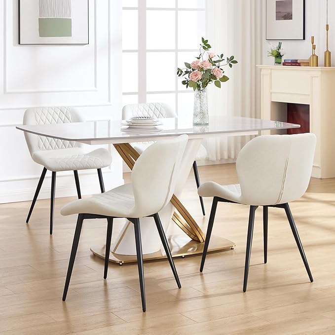 Dining Chairs Set of 4, Comfy Modern Dining Chairs with Thick Cushions, Upholstered Fabric Kitchen Side Chairs with Adjustable Metal Legs for Dining Room (Beige)