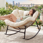 RADIATA Rocking Egg Chair Outdoor, Oversized Papasan Rocking Lounge Chair | 450 Lbs Capacity, Oversized Large Size, PE Wicker Recliner with Beige Cushion, Comfy Sturdy Lounge Chair for Patio Porch