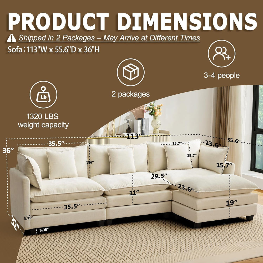 113" Modular Sectional Sofa, L Shaped Cloud Couch with Ottoman | Comfy C...
