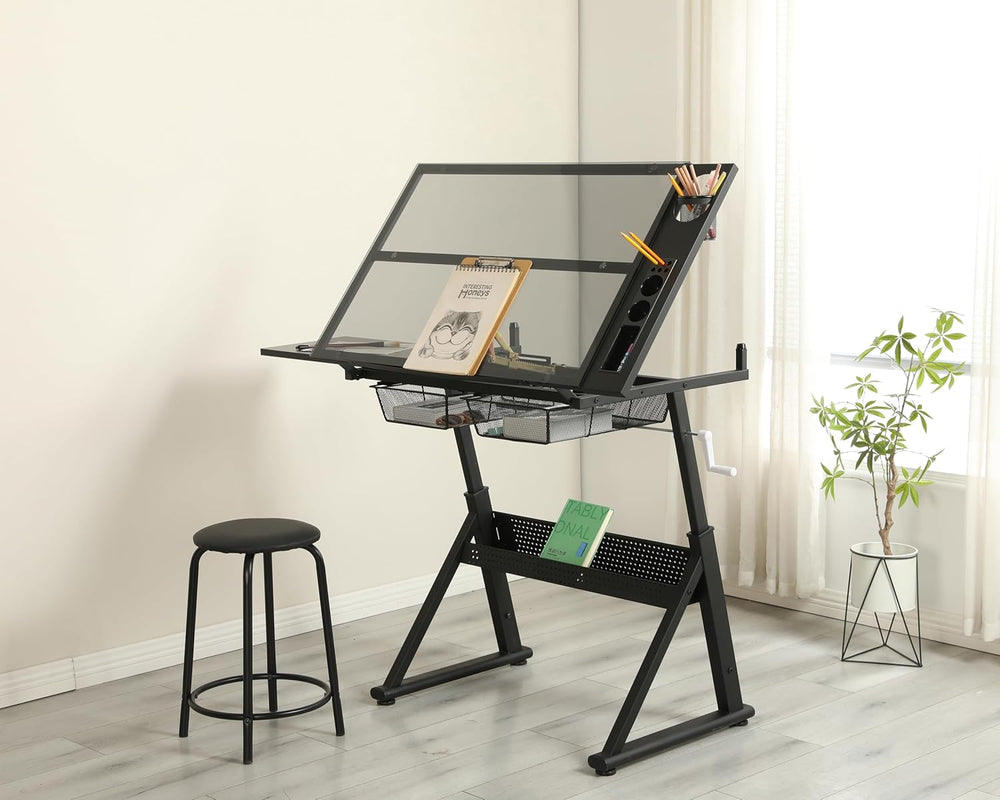 Adjustable Drawing Table for Artists | Drafting Desk with Tilted Glass Top | ...