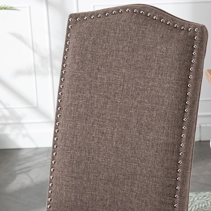 Upholstered Dining Chair Modern Stylish Parsons Kitchen Diner High Back with Silver Nailhead Trim & Wood Legs, Set of 2, Fabric Brown