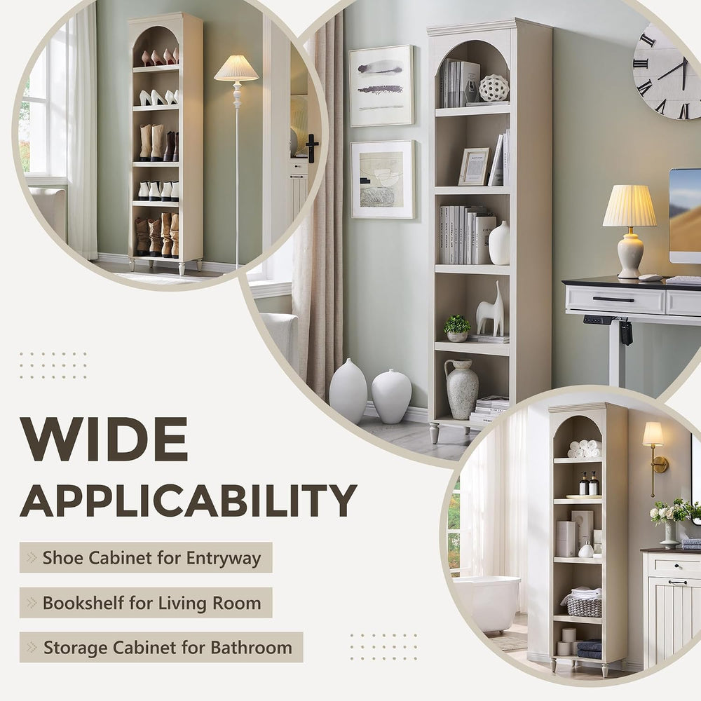 IFGET 76" Tall Arched Bookcase, Farmhouse Narrow Arch Bookshelf, Cream
