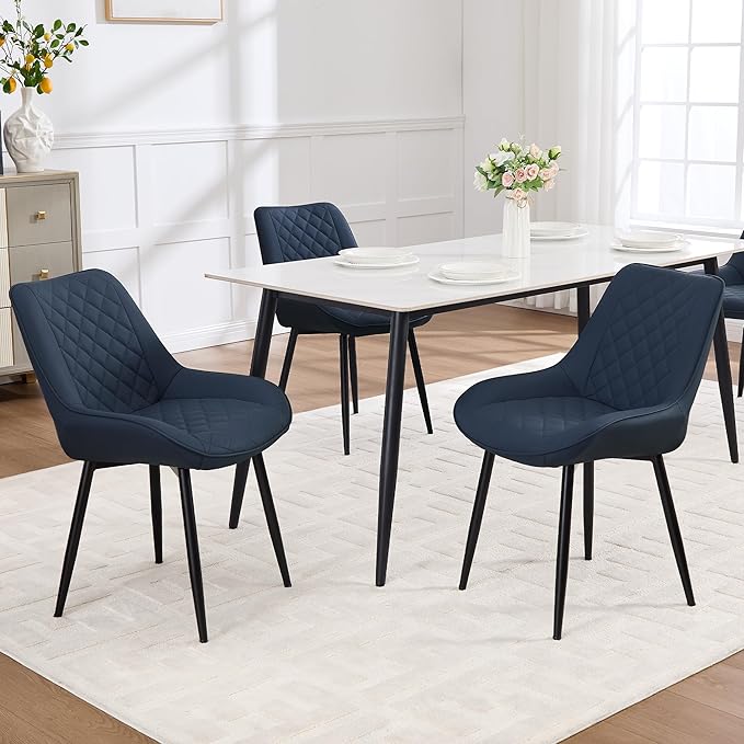 Dining Chair Set of 3, Modern Dining Chairs with Thick Cushions, Faux Leather Upholstered Kitchen Dining Room Chairs with Metal Adjustable Legs for Dining Living Room, Blue