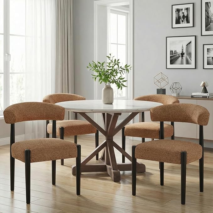VKNOW Wooden Dining Chairs Set of 2, Modern Upholstered Dining Room Chairs with Black Rubberwood Legs and Curved Backrest, Fabric Kitchen Chairs for Dining Room, Orange(Black Legs)
