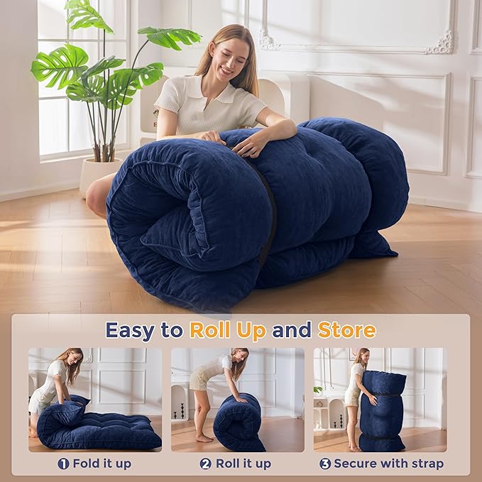 MAXYOYO Japanese Floor Mattress Queen Size, 6" Foldable Futon Mattress Tufted Roll Up Floor Bed, Thick Chenille Tatami Mat Sleeping Pad for Camping Guest Room Dormitory Bedroom RV, Navy