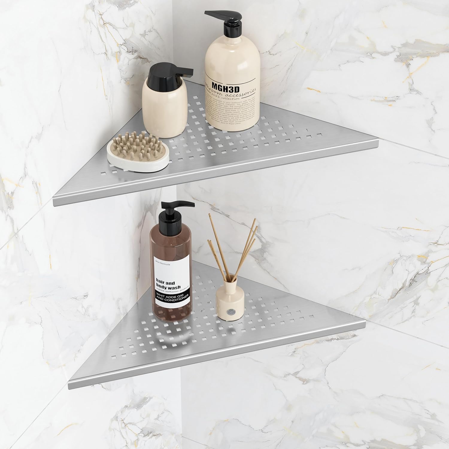 Corner Shower Shelves, 10” Recessed Tile Shower Shelf Brushed Nickel, 304 Stainless Steel Grout in Corner Tile Bathroom Shelves, No Drilling, 2 Pack
