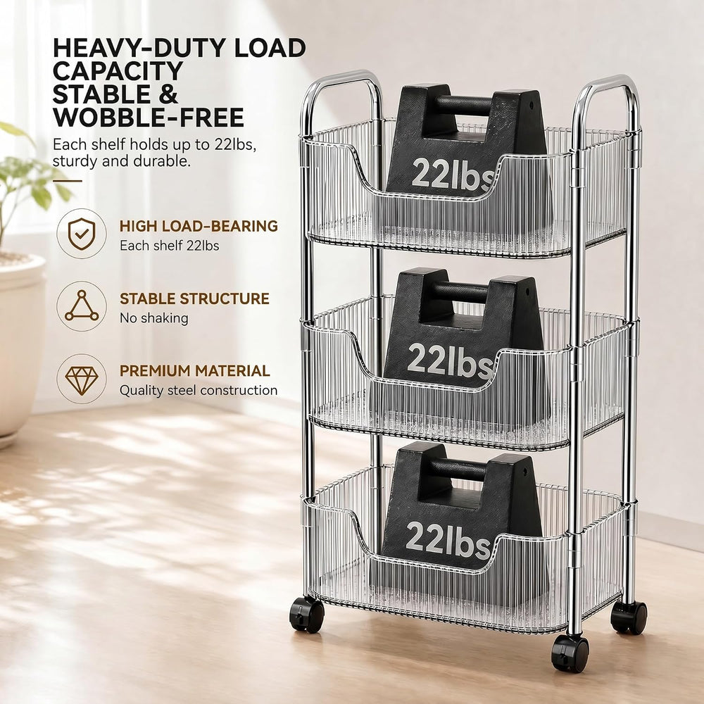 3 Tier Rolling Cart with Wheels, Clear Plastic Storage Cart with Stainless St...