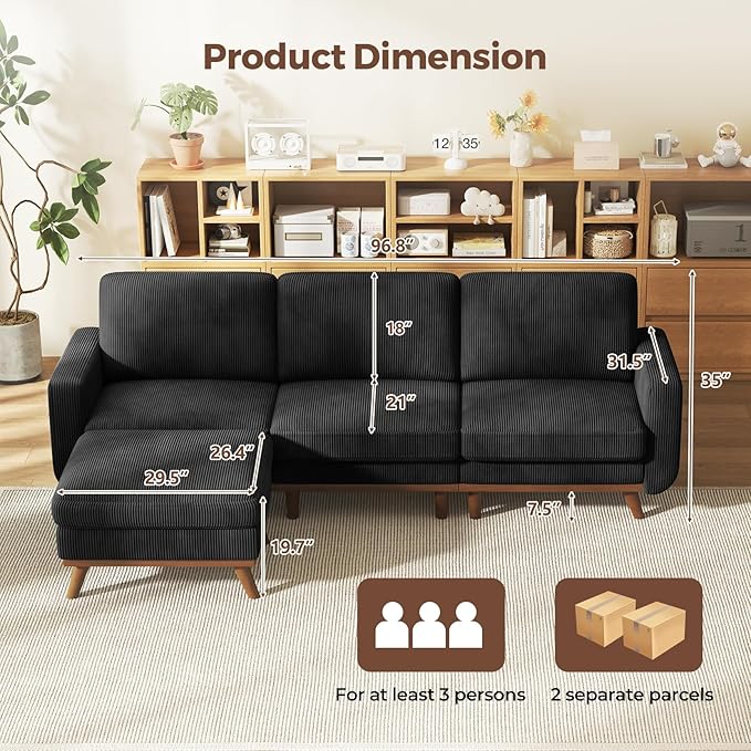 Vesgantti 97" Modular Sectional Sofa Black, L-Shaped Couch with Movable ...