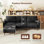 Vesgantti 97" Modular Sectional Sofa Black, L-Shaped Couch with Movable Ottoman, Comfy Corduroy Couch with Spring Cushion, Modular Sofa with Deep Seat for Living Room, Bedroom and Apartment
