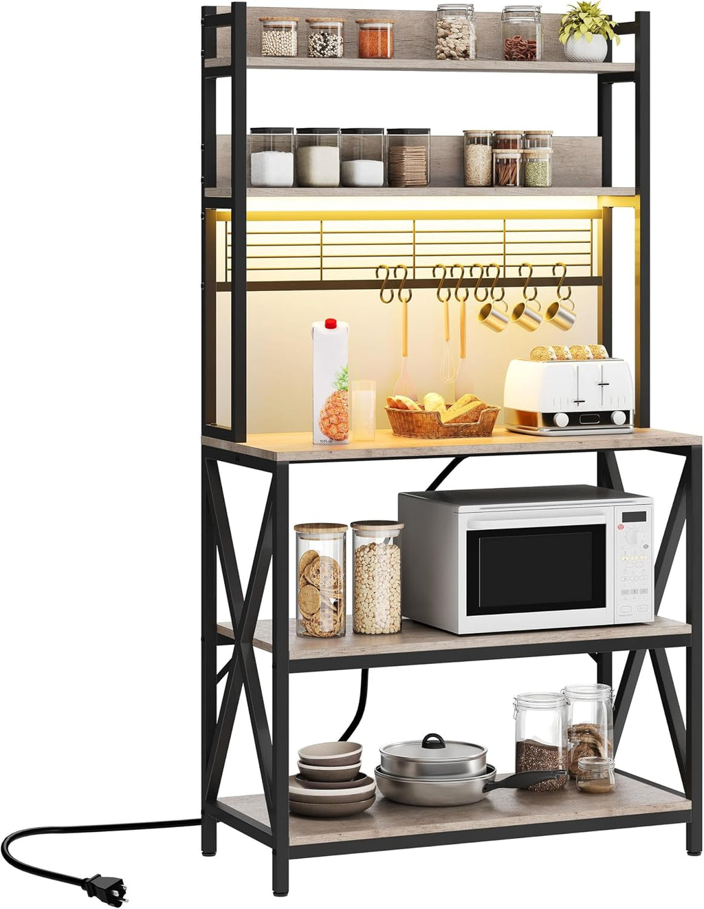 Yaheetech Kitchen Bakers Rack with Power Outlet & LED Lights, 5 Tiers Coffee Bar Table with 8 S Hooks, 64 Inches Tall Microwave Oven Stand with Storage for Spices, Pots, Gray