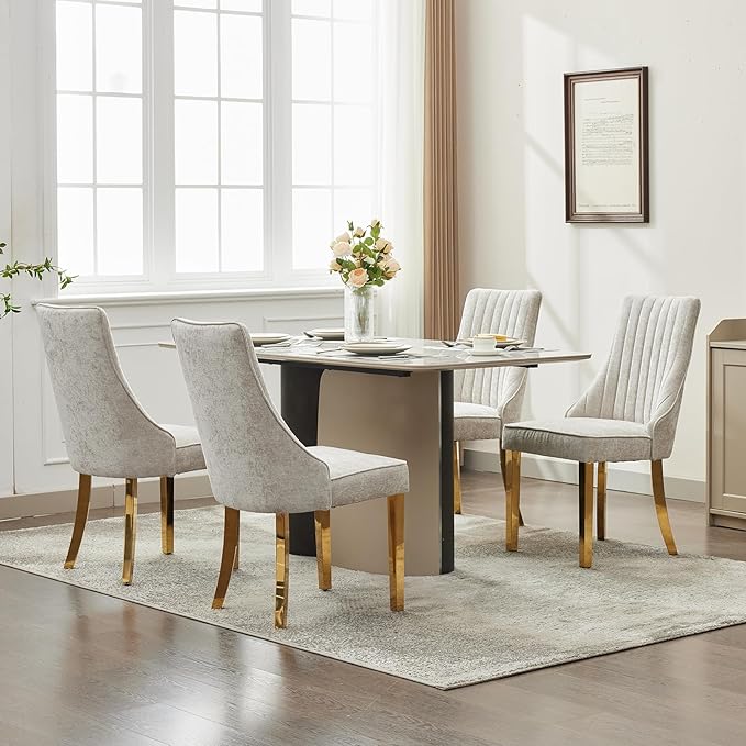 Beige Mid Century Dining Chairs Set of 4, Modern Kitchen & Dining Room Chairs Set of 4, Chenille Fabric Upholstered Kitchen Chairs, Sillas de Comedor, Gold Legs (Beige, 4 Pcs)