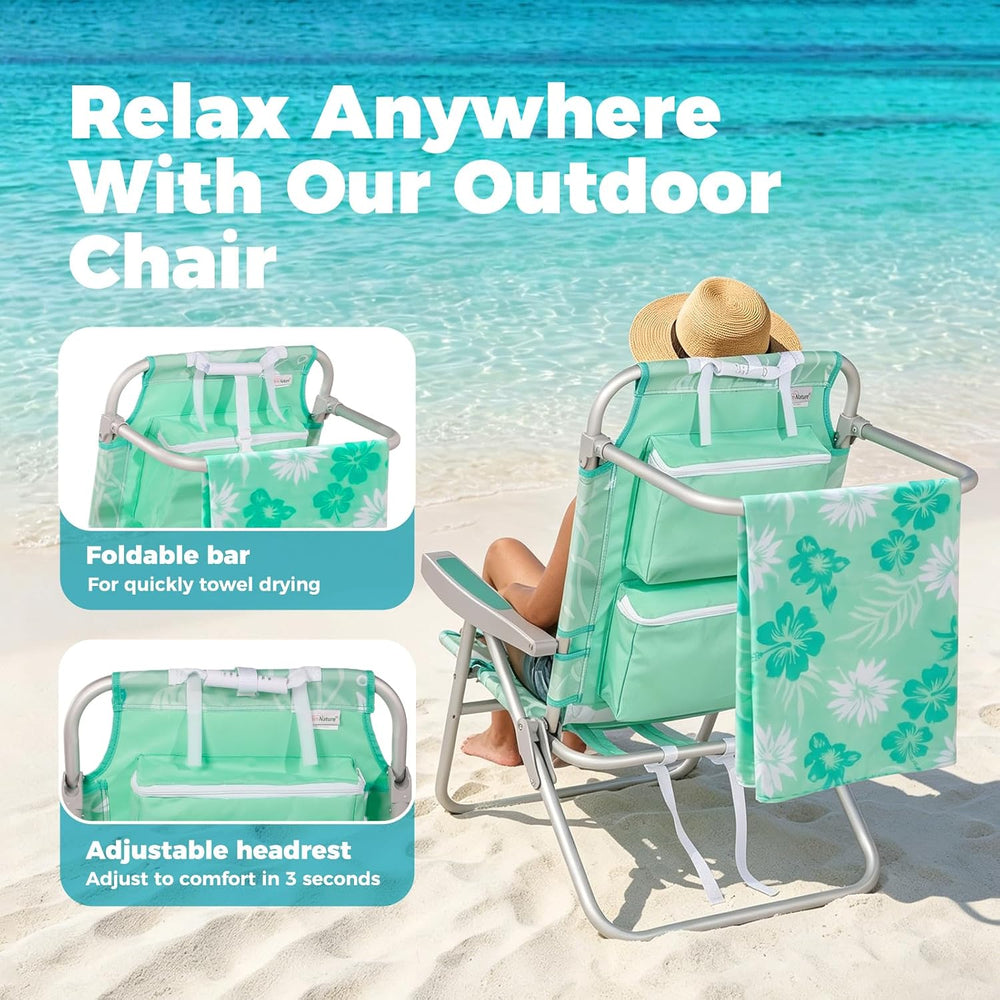 Low Beach Chairs for Adults - 5-Position Lay-Flat Backpack Chair with Large I...