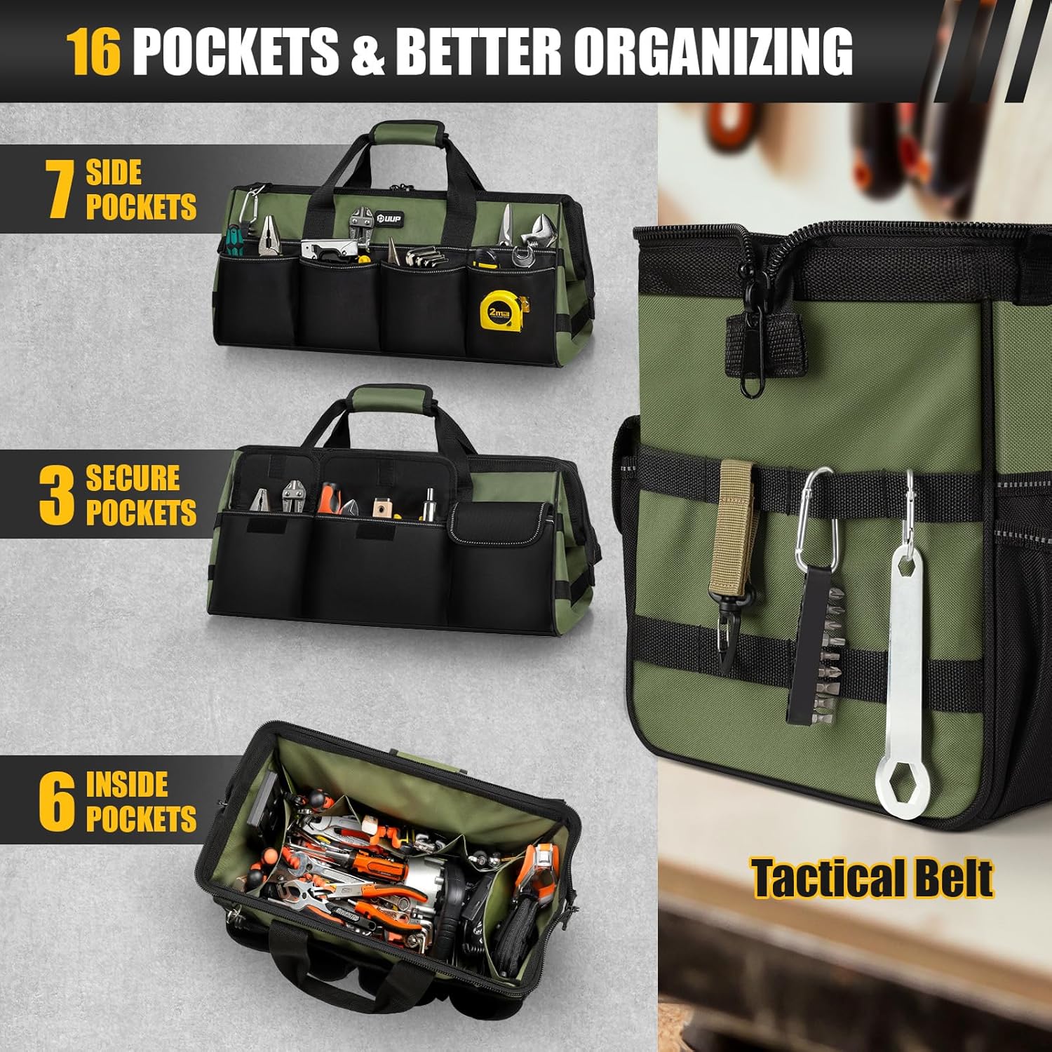 Heavy Duty Tool Bag 20-Inch, Extra Large 16-Pocket Portable Empty Tool Box Organizer Storage, Toolbox Organization, Soft Handle Carrying Toolbag with Zipper, Father Dad Men Mechanic Birthday Gift