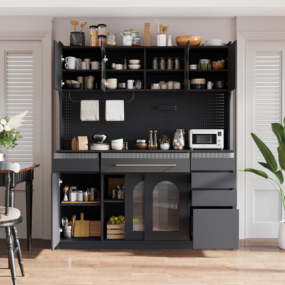 Large Pantry Cabinet with Hutch and Adjustable Shelves, Freestanding Coffee B...