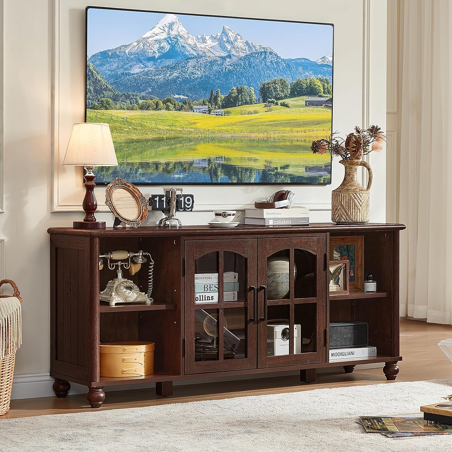 RWYHG Farmhouse TV Stand for 60 in TV, Entertainment Center for Living Room | Adjustable Shelves, Magnetic Glass Door, Sturdy Gourd Base, Wood Grain Top, High Capacity Storage Cabinet, Walnut