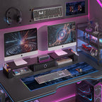 Dual Monitor Stand Riser w/ Drawer & Metal Leg, Large Computer Monitor Riser w/ Storage For 2 Monitors, Desk Shelf For Monitor w/ Adjustable Length & Angle, Desktop Organizer For Laptop/TV/Printer