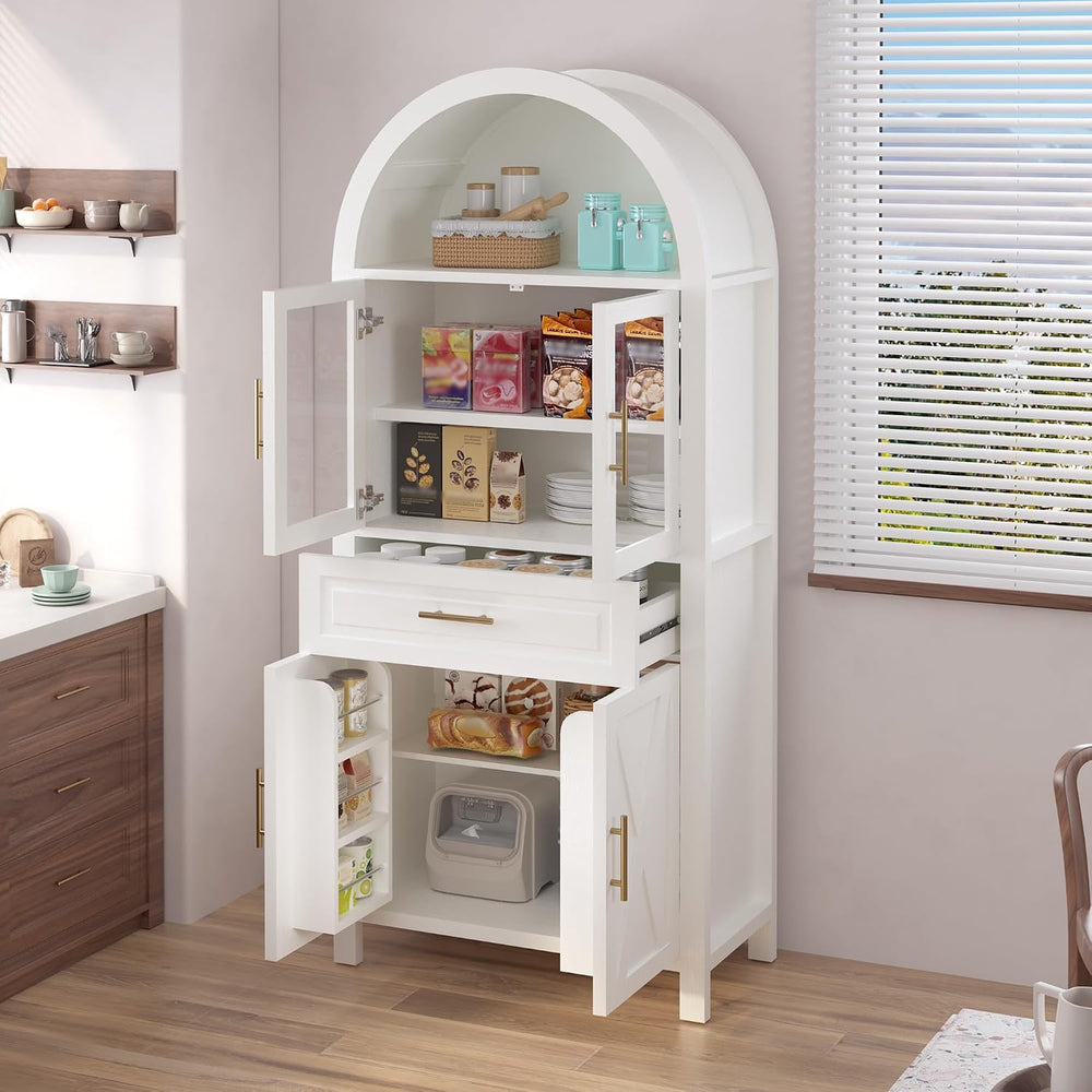 71" Tall Arched Pantry Cabinet Farmhouse Kitchen Pantry with Glass Door,...