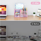 EasyPAG Mesh Desk Organizer with Drawer Multi-functional Pen Holder Stationery Organizer for Office School Supplies 6 Compartments Dorm Organizers and Storage for Desk, Light Pink