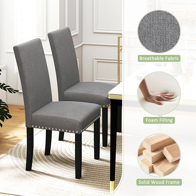 LSSPAID Dining Chairs Set of 4, Fabric Upholstered Dining Room Parson Chair with Nailhead Trim and Solid Wood Legs for Home and Kitchen, Gray
