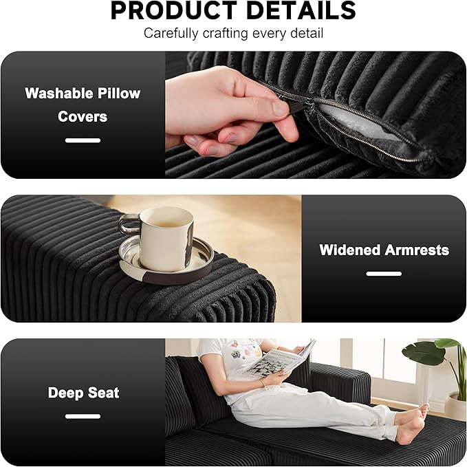 97" Modular Sectional Sofa, L-Shaped Boneless Couch with Deep Seat, Cozy Cloud Couch Sectional with Convertible Ottoman, Modern Sectional Couches for Living Room（ Black）