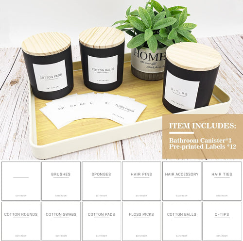 3PCS Modern 13.53oz Black Bathroom Canisters with 12 Labels & Wooden Lid Thick Glass Jar Set Qtip Holder for Cotton Ball & Pads Storage Organization Minimalist Decor