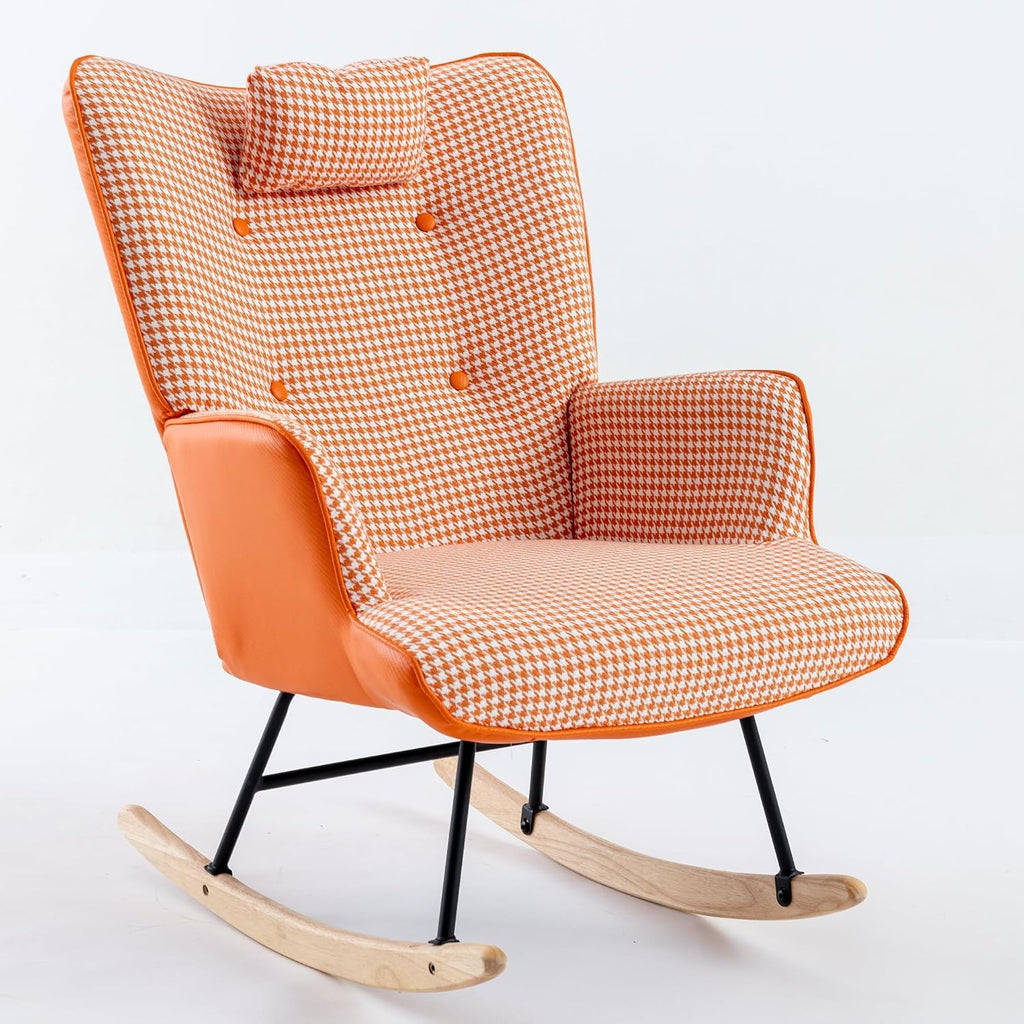 35.5” Nursery Rocking Chair Cotton Linen Upholstered Glider Chair with High Backrest Armchair for Living Room Bedroom Orange