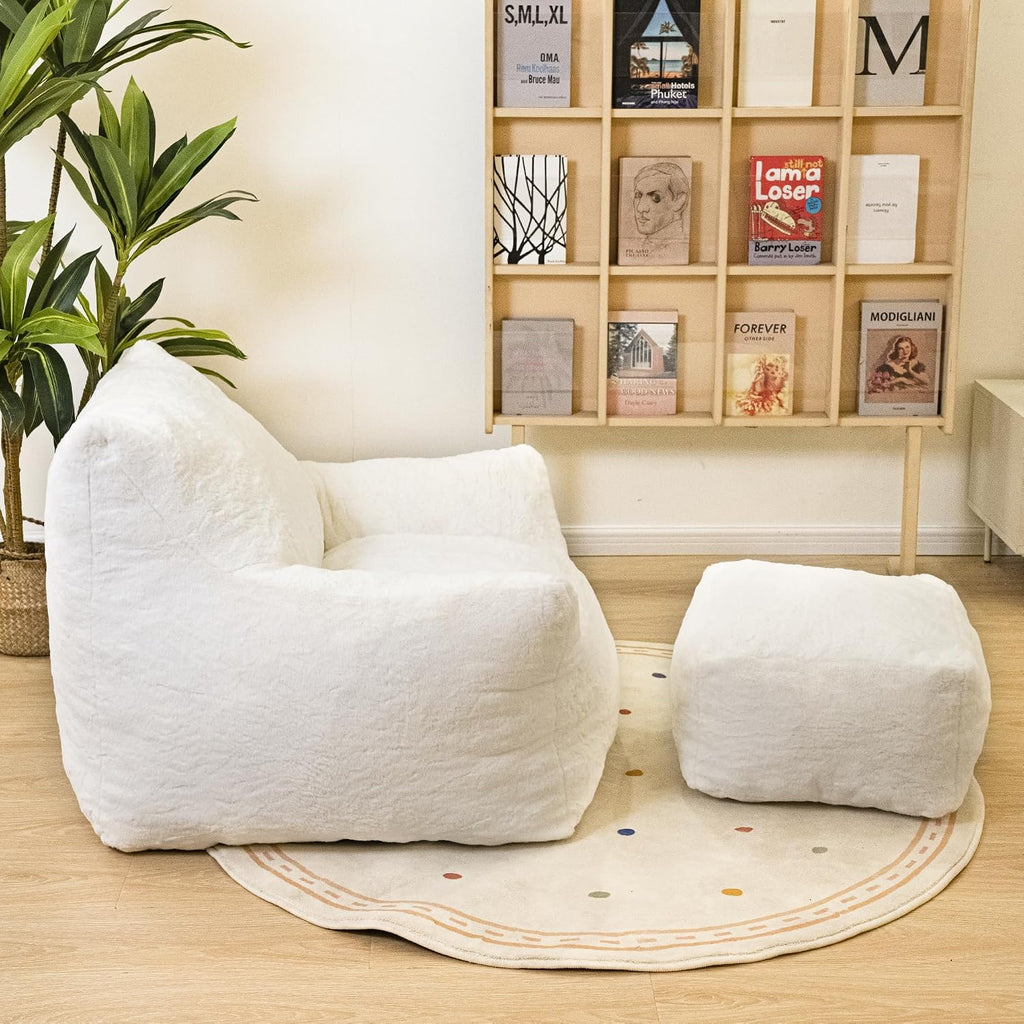 Cvortll Bean Bag Chair with Ottoman, Soft Fluffy Faux Fur Beanbag Chairs for Adults with Armrest and Memory Foam Fille, Lazy BeanBag Sofa with Footstool for Living Room, Bedroom, Apartment