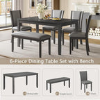 KEIKI 6-Piece Standard Height Dining Table Set with Rectangular Table, 4 Upholstered Chair, Bench, for 6 Person, Farmhouse Rustic Style Table Set, Easy Assembly, for Kitchen, Dining Room, Gray