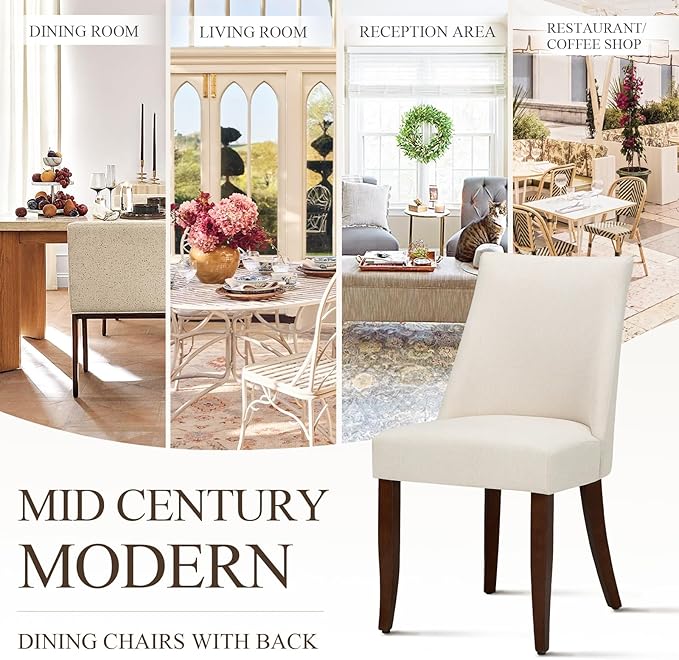 Upholstered Dining Chairs Set of 6, Mid Century Modern Kitchen Chairs with Back, Farmhouse Fabric Side Dining Room Chairs with Wood Legs for Dining Room Restaurant, Beige