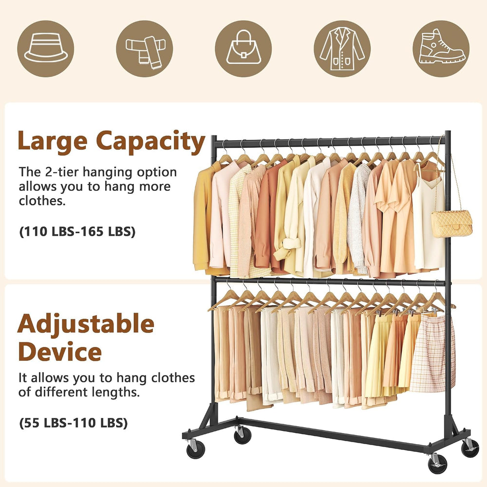 Hoctieon Double Rod Z Rack, Rolling Clothes Racks with Z-Base, Adjustable Clo...