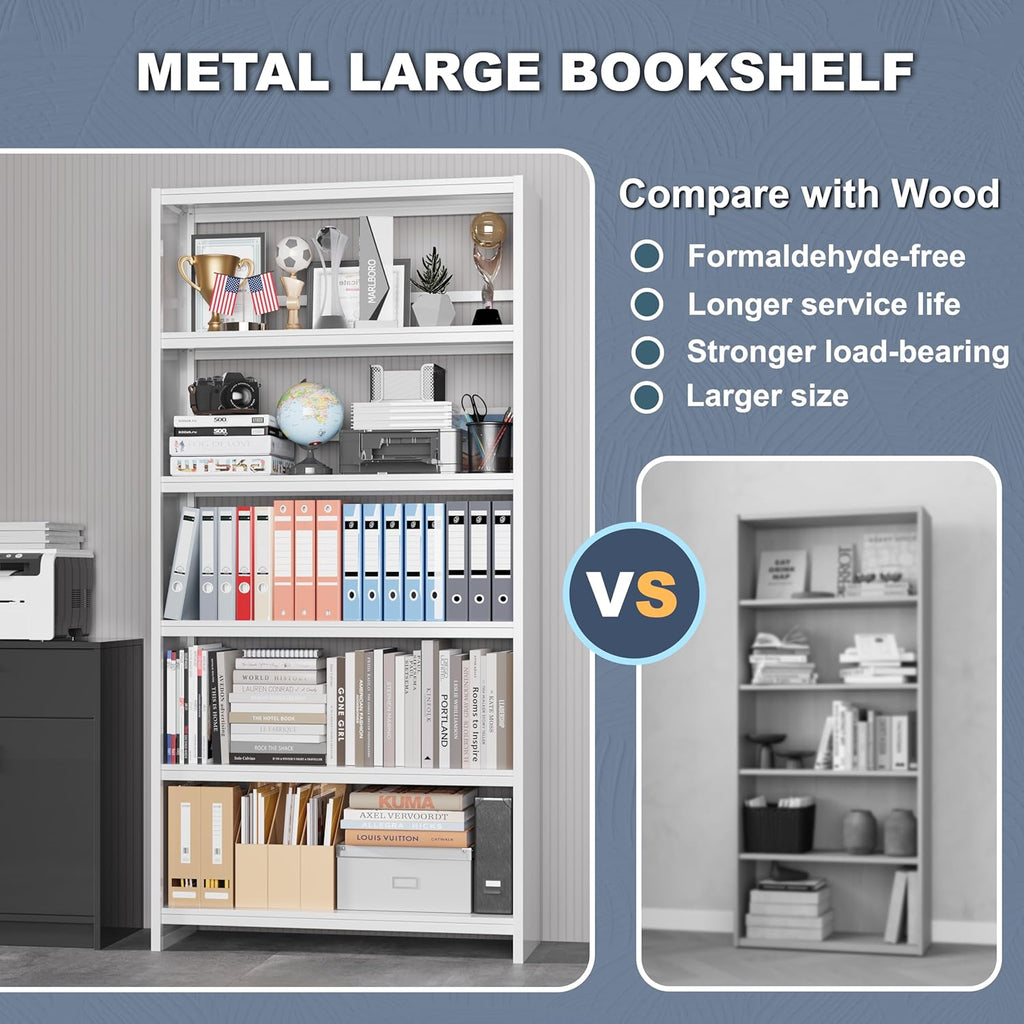 69" Tall Bookcase, 5-Tier Wide Bookshelf, Library Book Case with Display Shelf, Lightweight Metal Bookshelves, Industrial Book Shelf for Home, Office, Library, and School (White)