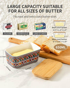Hasense Bohemian Butter Dish, Farmhouse Ceramic Butter Dish with Lid for Fridge, Butter Container Holder with Cover or Fridge,Silicone Sealing, Holds Two Sticks of Butter, Green
