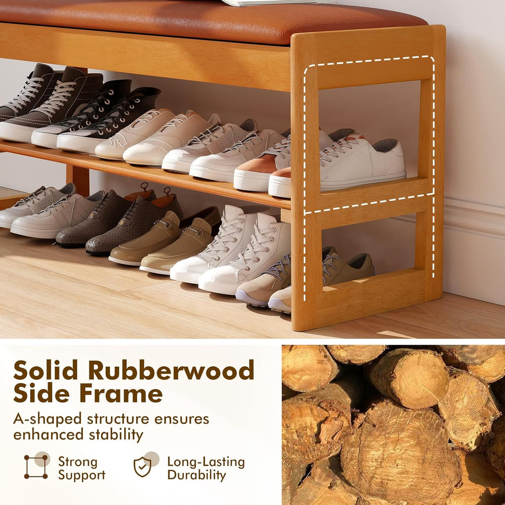Giantex Shoe Rack Bench with Storage, Rubberwood Entryway Bench with Faux Lea...