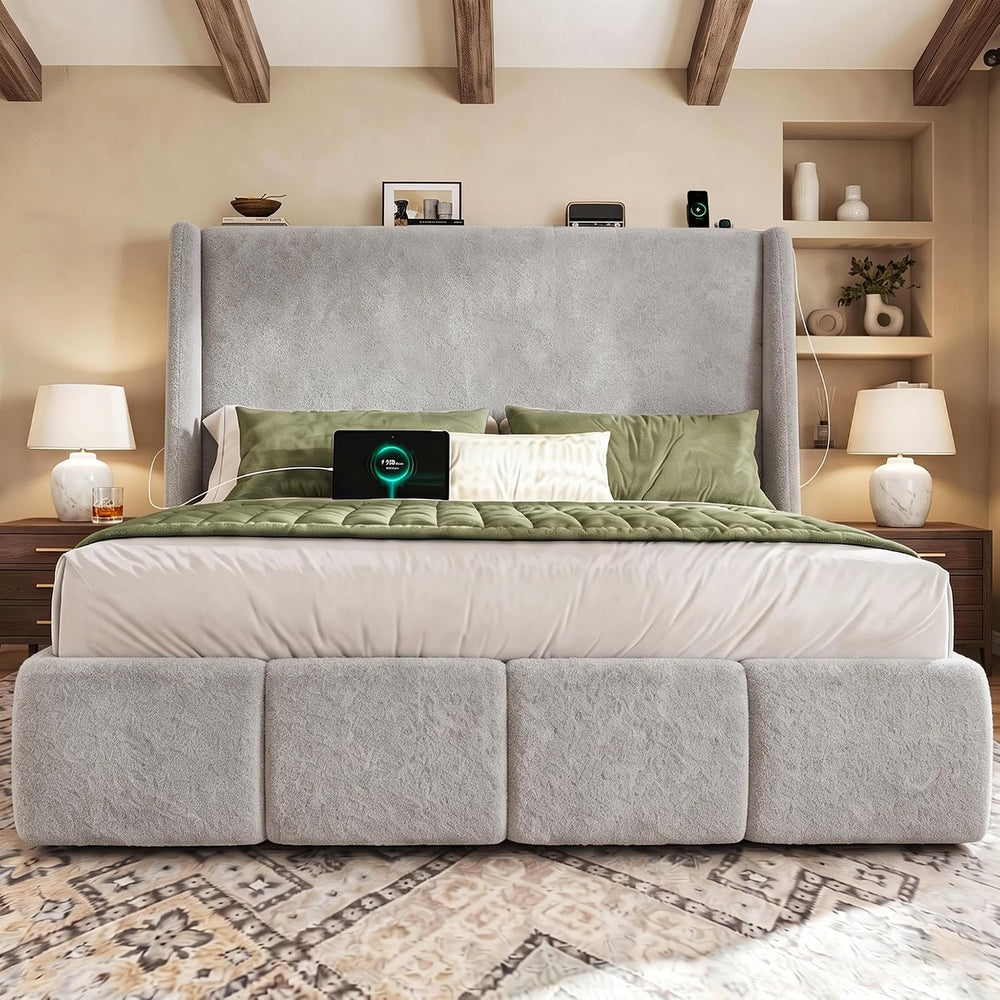 LARMACE King Size Bed Frame 54.2" Extra Tall Wingback Headboard, Lambswo...